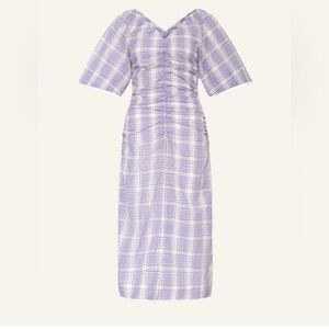 Ganni Seersucker Check Ruched Midi Dress Organic Cotton Blend Size 4 /36